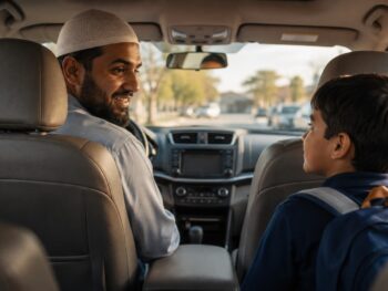 Parent and child reciting adhkar together during the school drop-off routine