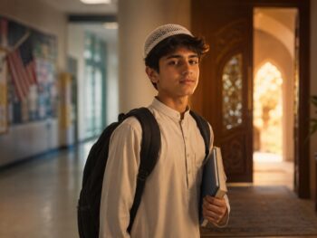 Second-generation Muslim teen standing between school and home, representing dual identity