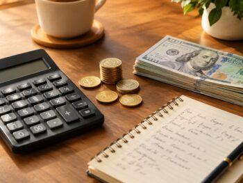 Calculator, cash, and gold coins used to calculate zakat nisab in USD