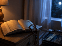 Open Quran and prayer beads on a nightstand at night representing the dua before sleepingOpen Quran and prayer beads on a nightstand at night representing the dua before sleeping