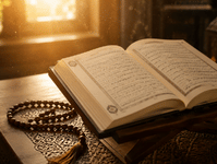 Open book of Durood Shareef with prayer beads in warm morning light