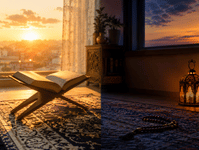 Split scene of sunrise and evening prayer mat representing morning and evening adhkar routine