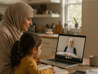 Muslim mother and child using a laptop together for an online Quran class at home