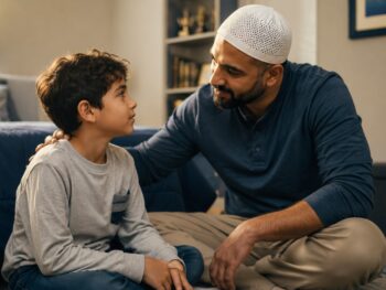 Muslim parent comforting child after experiencing bullying at school