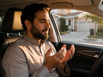 Muslim father and child reciting dua for driving safety before starting the car