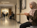 Muslim woman sitting quietly with hands open in dua before a high-stakes exam or interview