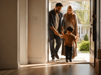 Muslim family reciting dua while entering their new home