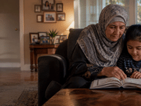 Elderly Muslim grandmother sitting with her grandchild reading an open Quran together at home, with a tablet nearby for online Quran classes