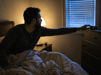 Person waking up for Fajr prayer, reaching to turn off alarm across the room