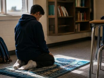 Muslim student praying quietly in a private space at a US public school