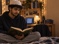 Muslim college student reading an open Quran on his dorm bed with a laptop and books nearby