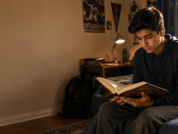 Muslim teenage boy sitting on his bed looking thoughtfully at an open Quran with his phone face-down beside him, illustrating why a teenager thinks the Quran is boring