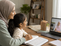 women and child attenting online class quran classes